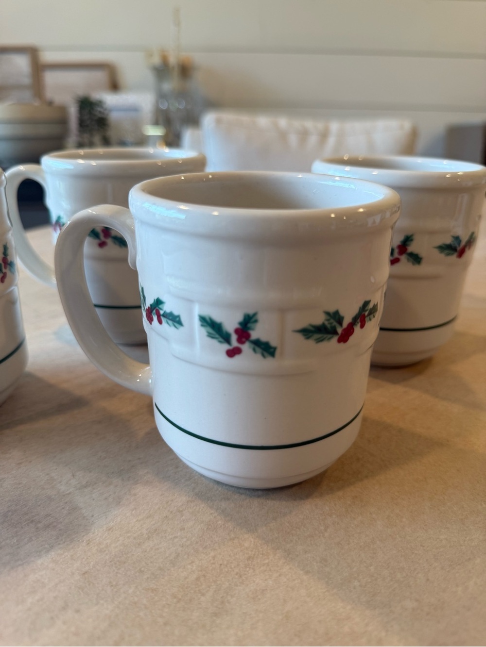 Longaberger White Ceramic Mugs with Green and Red Holly Trim - Set of 4